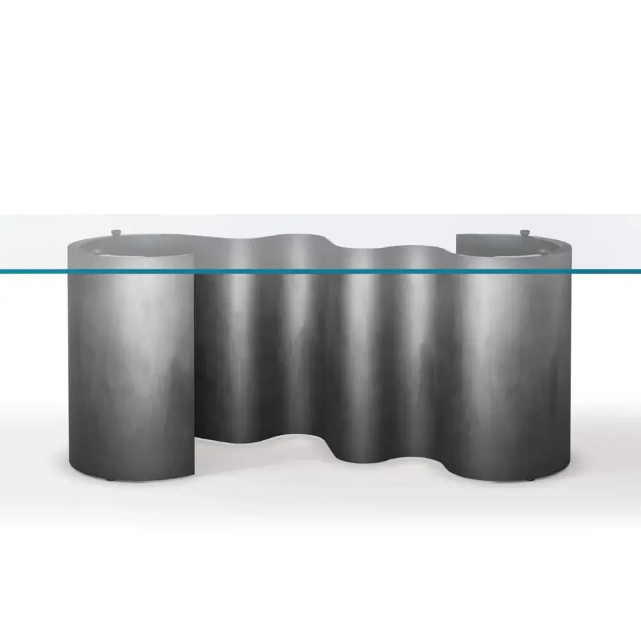 Captivating Cattelan Italia Papel table with a serpentine metal base and transparent glass top exhibiting green edges