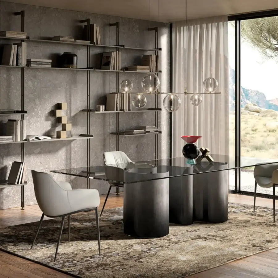 Distinguished Cattelan Italia Papel table with a transparent glass top and hand-brushed metal base exhibiting gradient gray tones