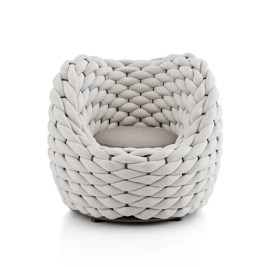 Exceptional Rugiano Nido lounge chair with outdoor bronze frame and woven beige rope embodying Italian craftsmanship