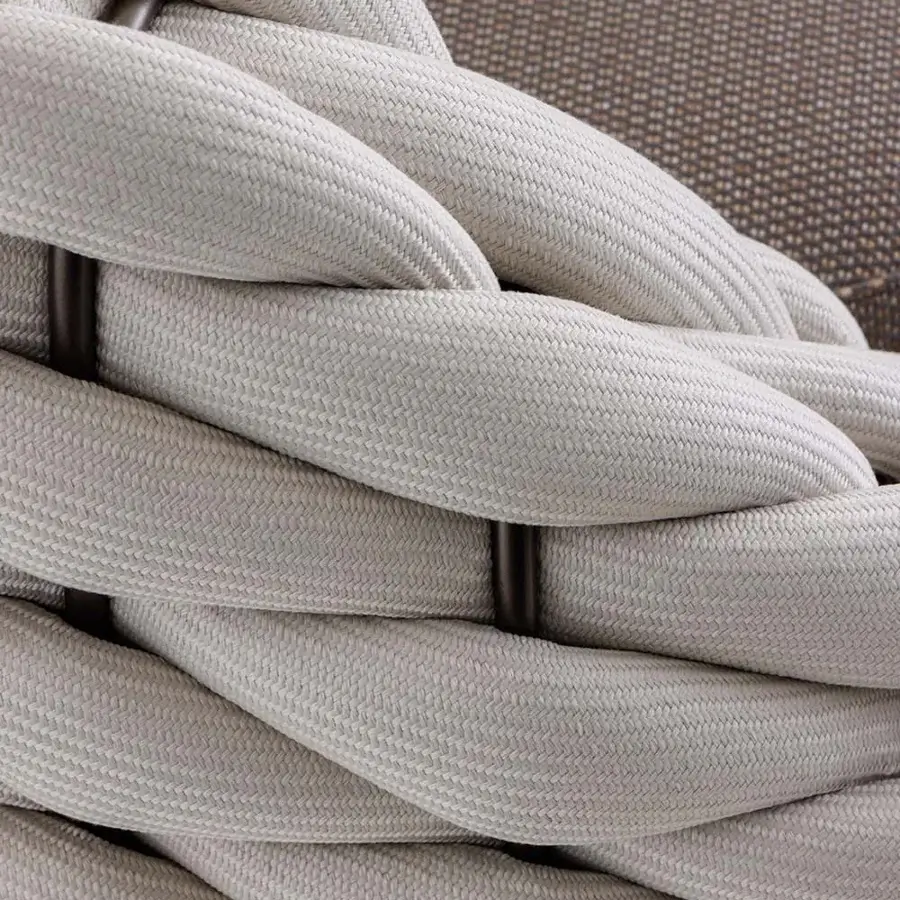 Lavish Rugiano Nido lounge chair with interwoven light gray rope and outdoor bronze metal structure