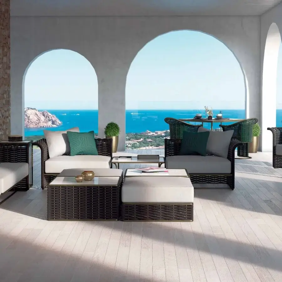 Exceptional Rugiano Marina ottoman with a dark textured woven structure and plush light beige fabric topping