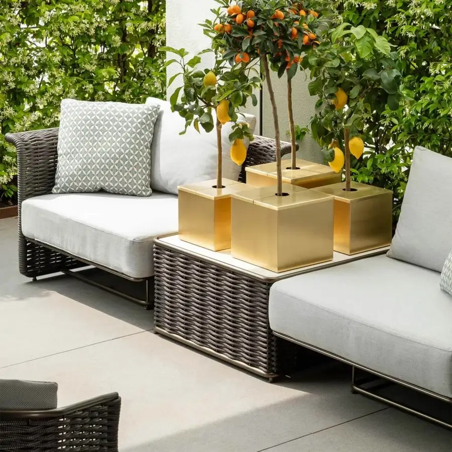 Distinguished Rugiano Marina Corda coffee table built with woven dark brown rope and light beige technical marble