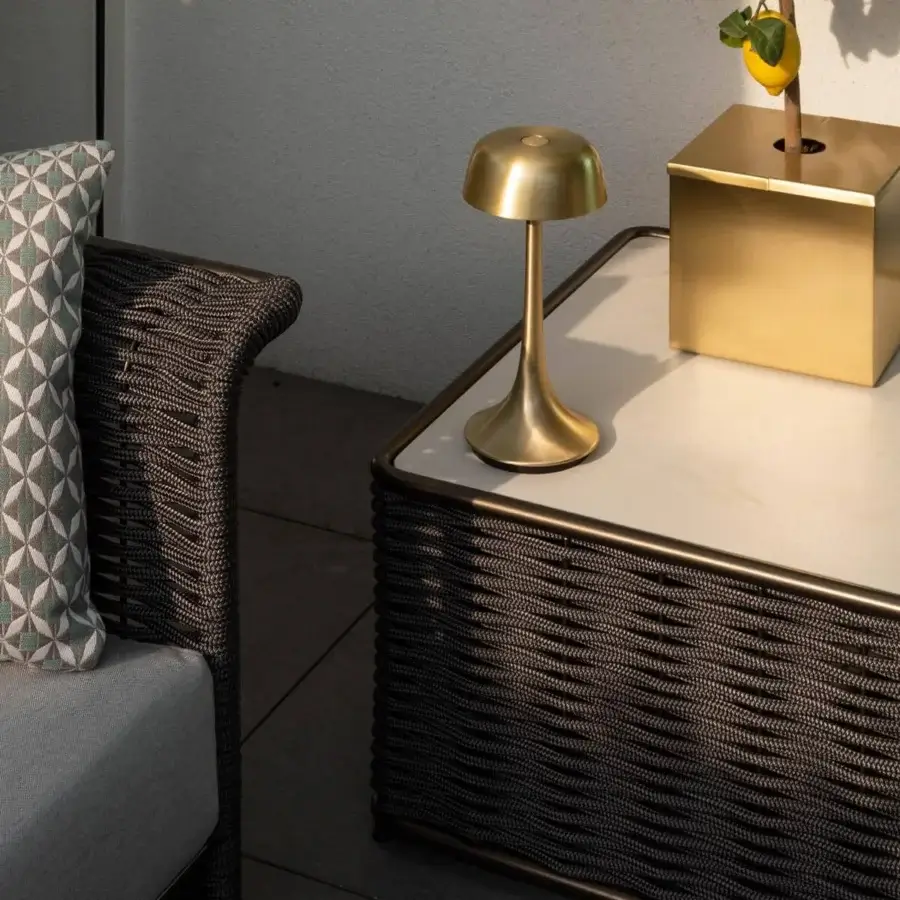 Exceptional Rugiano Marina Corda coffee table crafted with woven dark rope and a light technical marble surface