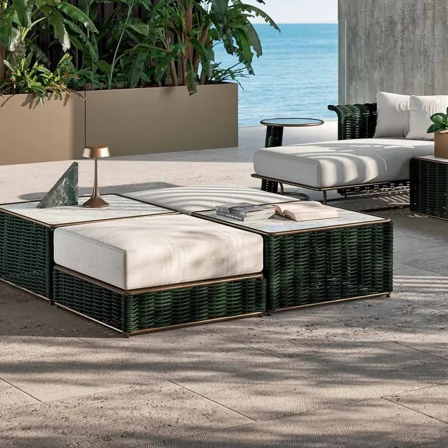 Superior Rugiano Marina Corda coffee table with geometric woven dark green bases and technical marble tops in bronze-colored metal