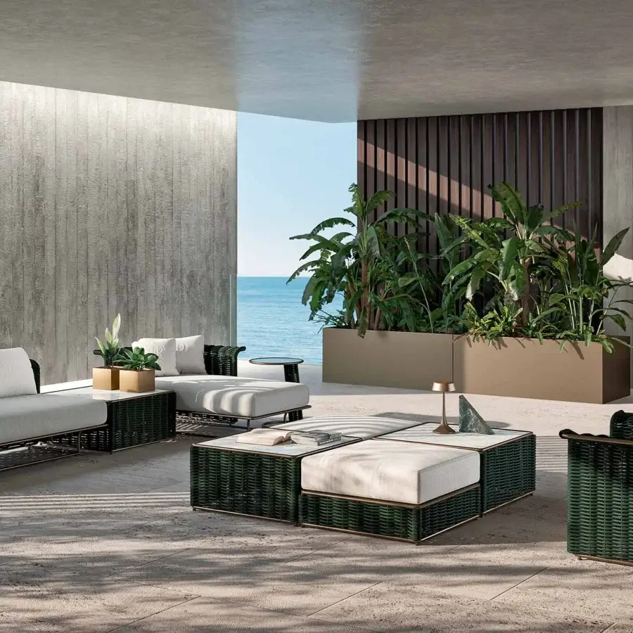 Exceptional Rugiano Marina Corda coffee table crafted in dark green synthetic rope with a matte technical marble top and bronze metal accents