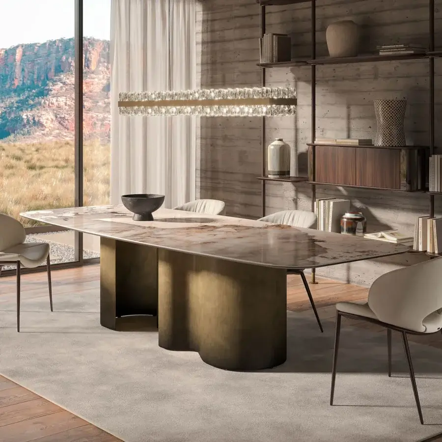 Exceptional Cattelan Italia Papel Keramik table with brown, cream and white ceramic top and metallic pedestal base