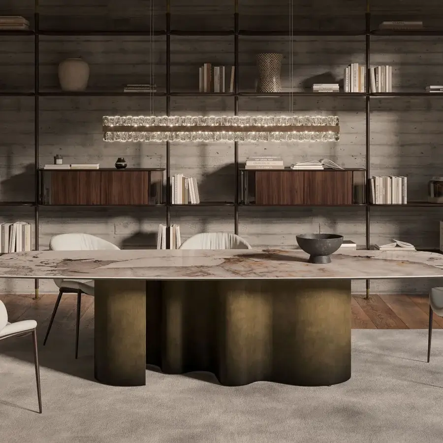 Harmonious Cattelan Italia Papel Keramik table with light beige and brown marbled ceramic and sculptural metal base in bronze-like finish