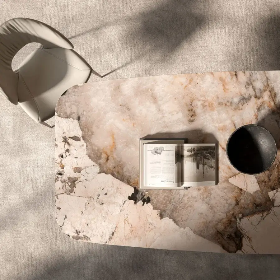 Distinguished Cattelan Italia Papel Keramik table with organic ceramic displaying beige, white, brown and grey tones and a polished finish
