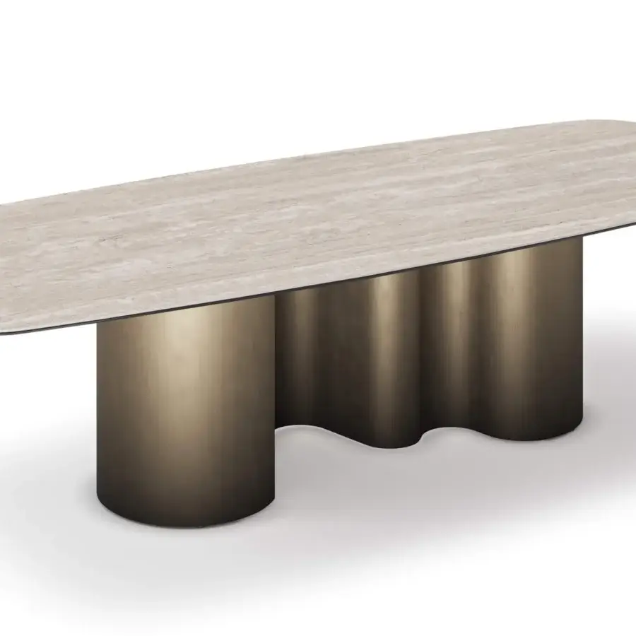 Distinguished Cattelan Italia Papel Keramik table with light beige ceramic displaying marble patterns and sculpted bronze gradient supports