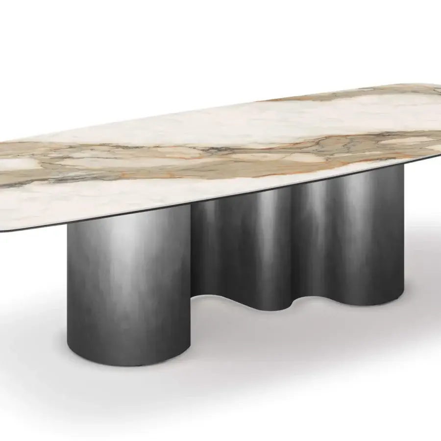 Superior Cattelan Italia Papel Keramik table with swirling tan, brown, and grey faux marble and brushed metal serpentine base
