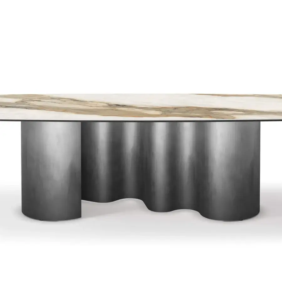 Distinctive Cattelan Italia Papel Keramik table with light ceramic displaying brown and gray veining and hand-brushed gray-toned metal base