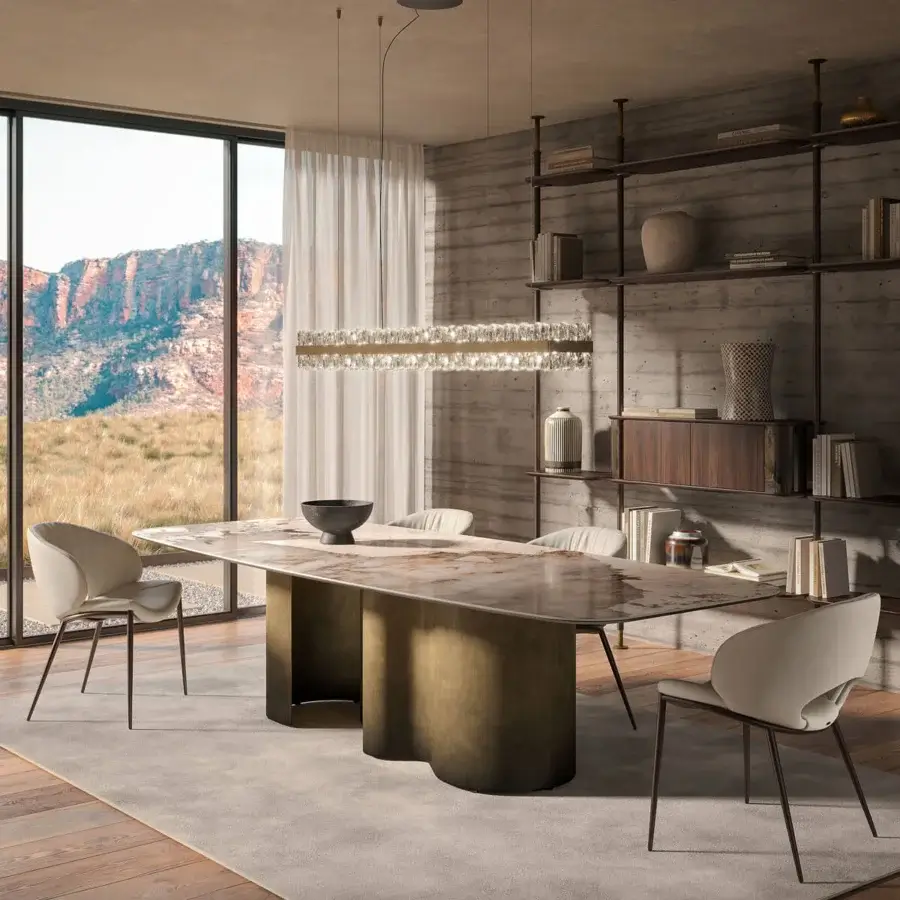 Elegant Cattelan Italia Papel Keramik table with marbled ceramic displaying brown tones and sculpted brushed bronze metal bases