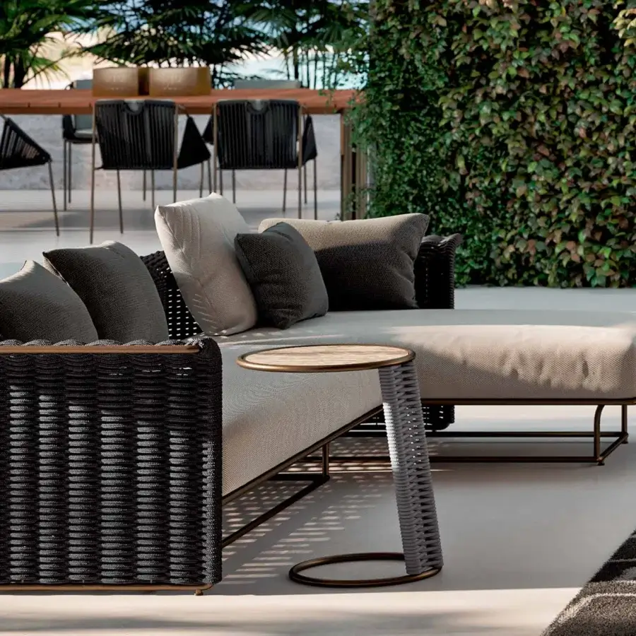 Sophisticated Rugiano Sun coffee table with technical marble tabletop and woven rope column built in bronze tone