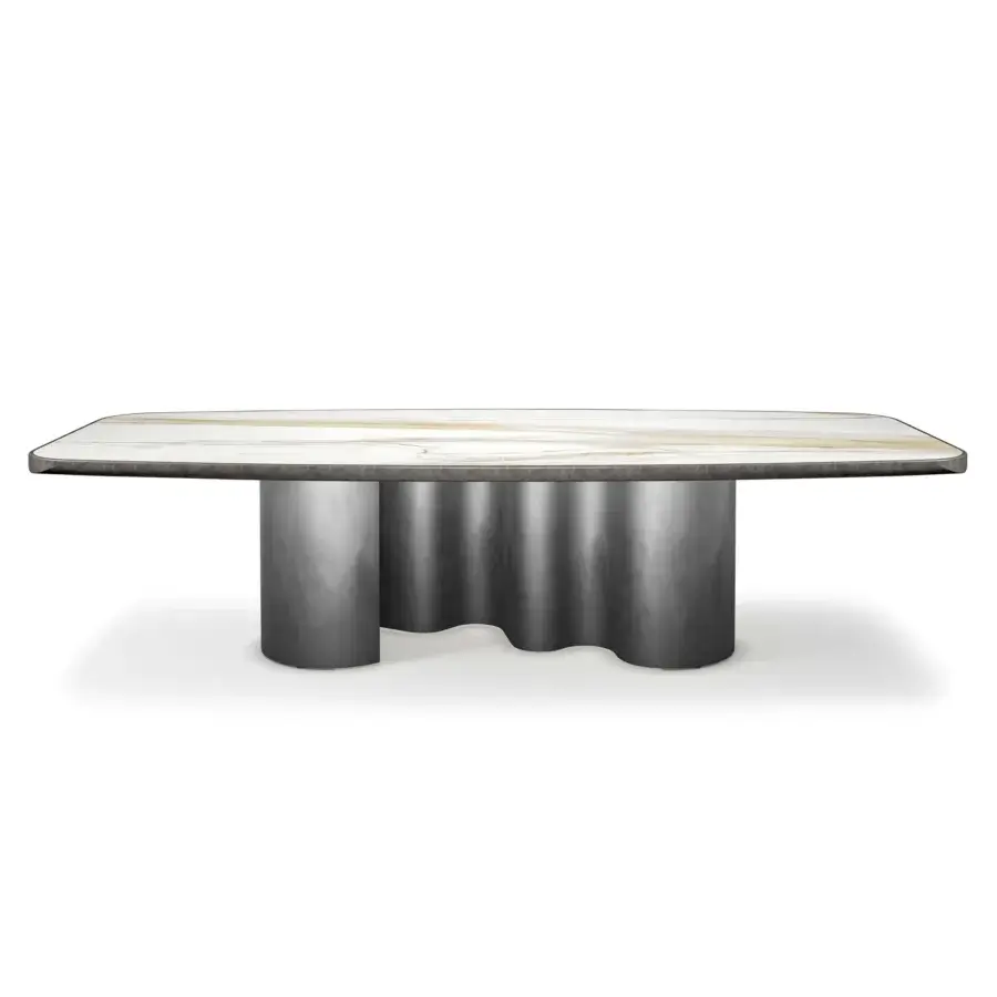 Captivating Cattelan Italia Papel Keramik table with swirling white and tan ceramic top and hand-finished brushed edging