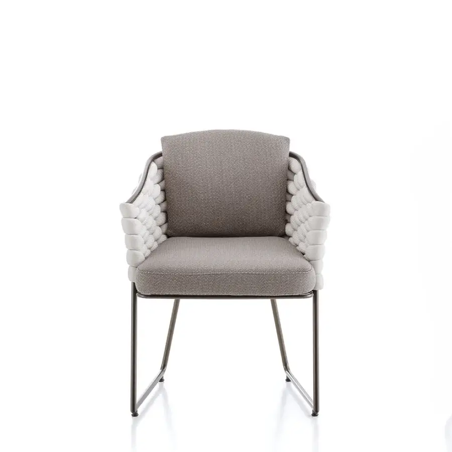 Distinctive Rugiano Afrodite armchair with bronze metal structure and gray woven fabric, detailed with white braided rope