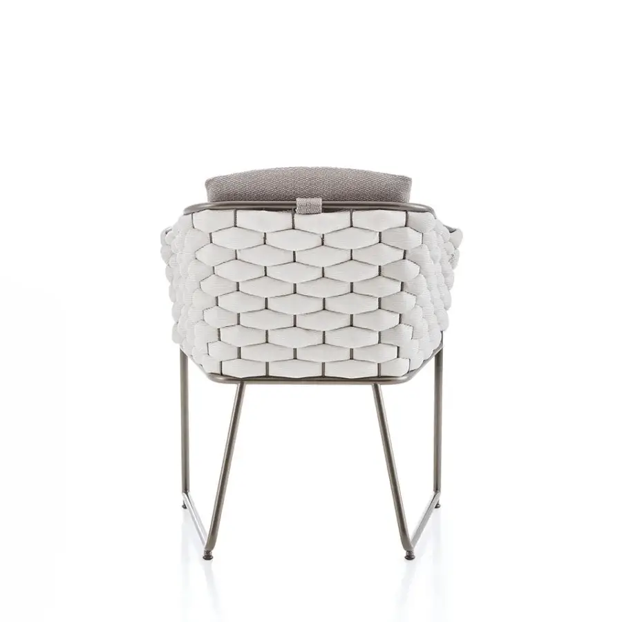 Distinguished Rugiano Afrodite armchair with Italian bronze metal and woven beige soft rope detailing in a matte finish