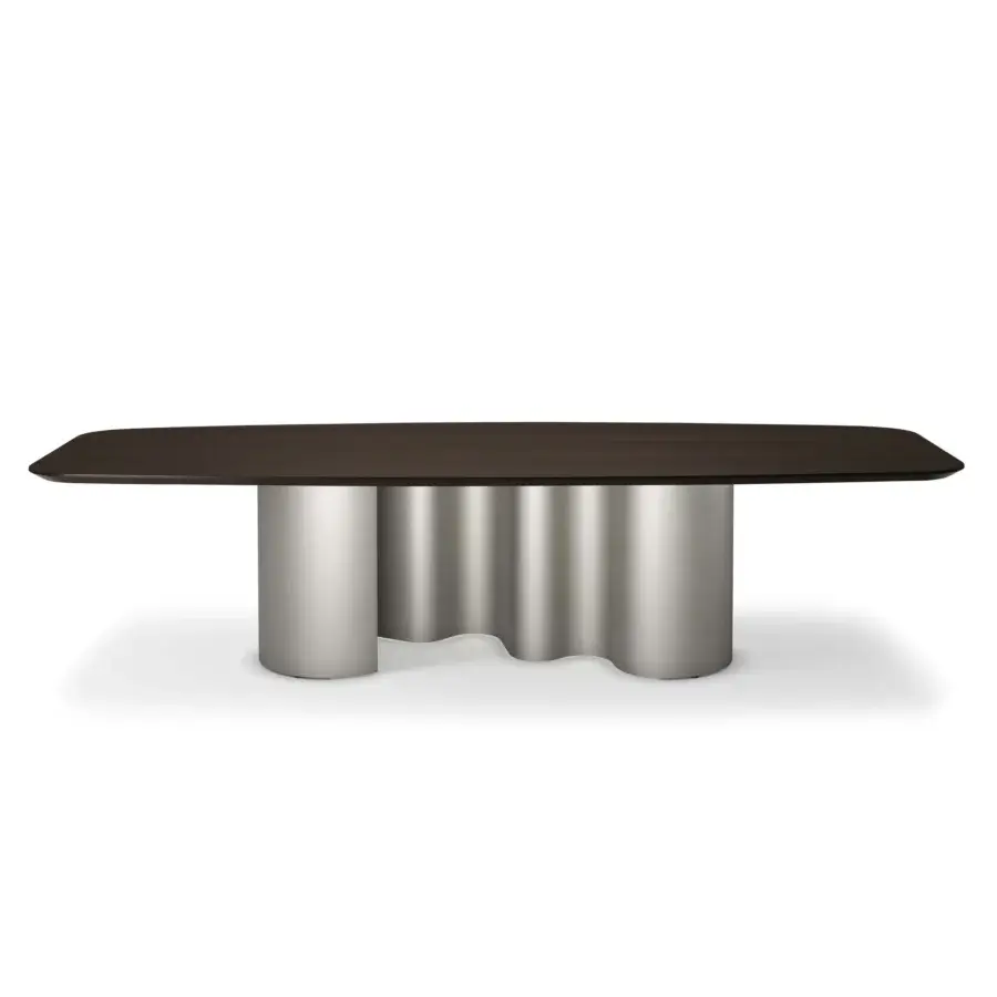 Elegant Cattelan Italia Papel Wood table with dark brown wooden tabletop and sinuous silver metal base