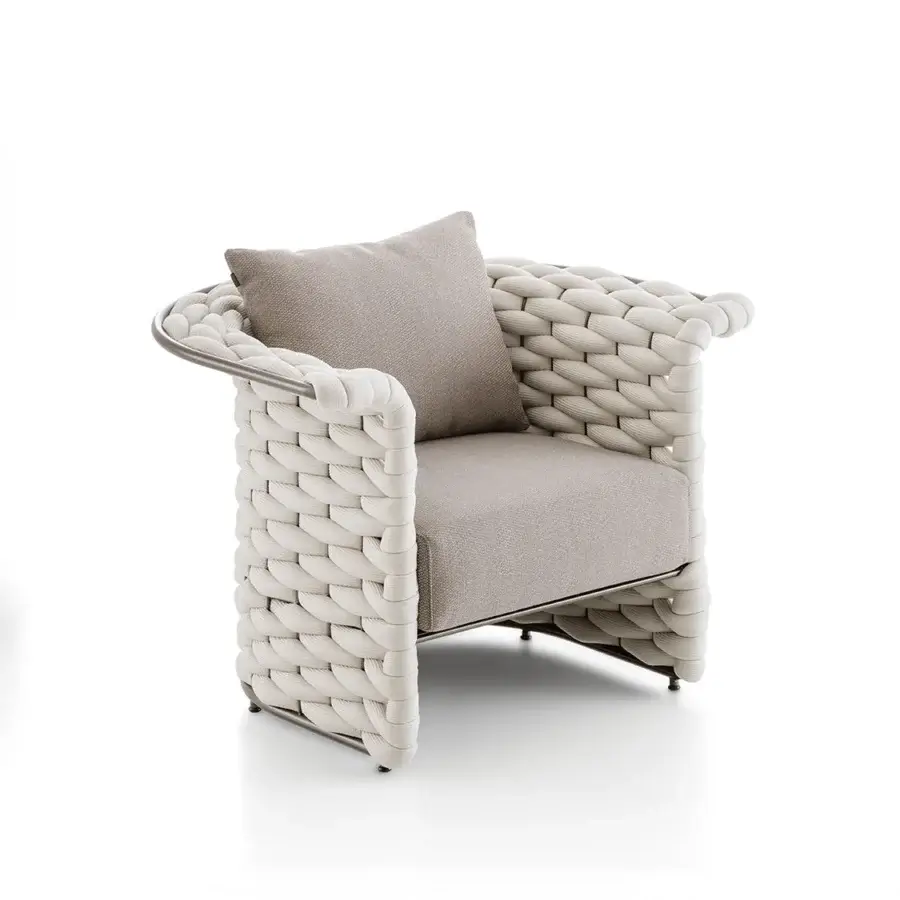 Distinguished Rugiano Marina Soft armchair with woven detailing in light off-white and plush gray cushion crafted with Outdoor Bronze metal