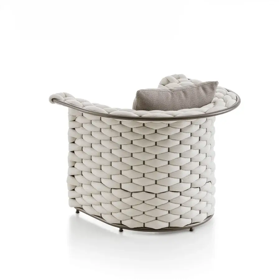 Exclusive Rugiano Marina Soft armchair with Outdoor Bronze metal and light cream woven rope detailing, built with a plush grey textile cushion