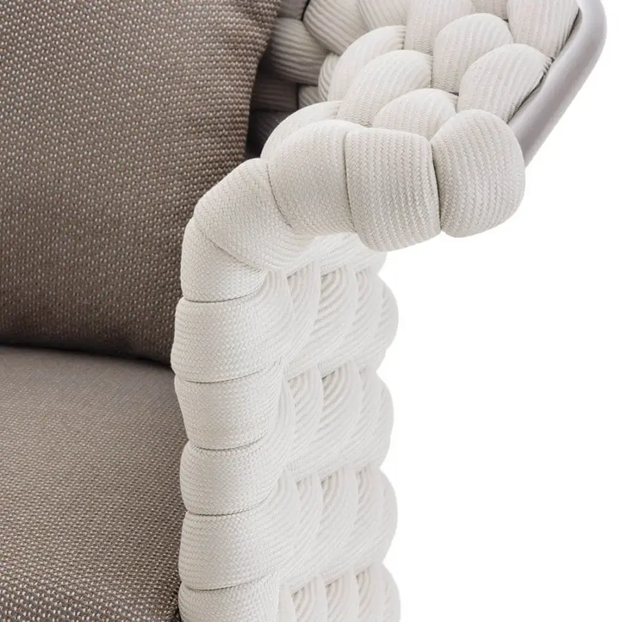 Superior Rugiano Marina Soft armchair with woven soft rope detailing in mixed brown and gray textile with Outdoor Bronze metal frame
