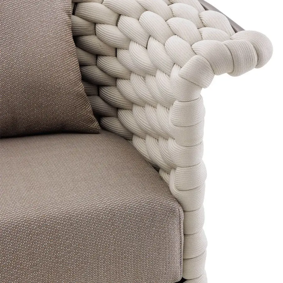Distinguished Rugiano Marina Soft armchair with woven soft rope and plush fabric cushions in beige with Outdoor Bronze finish