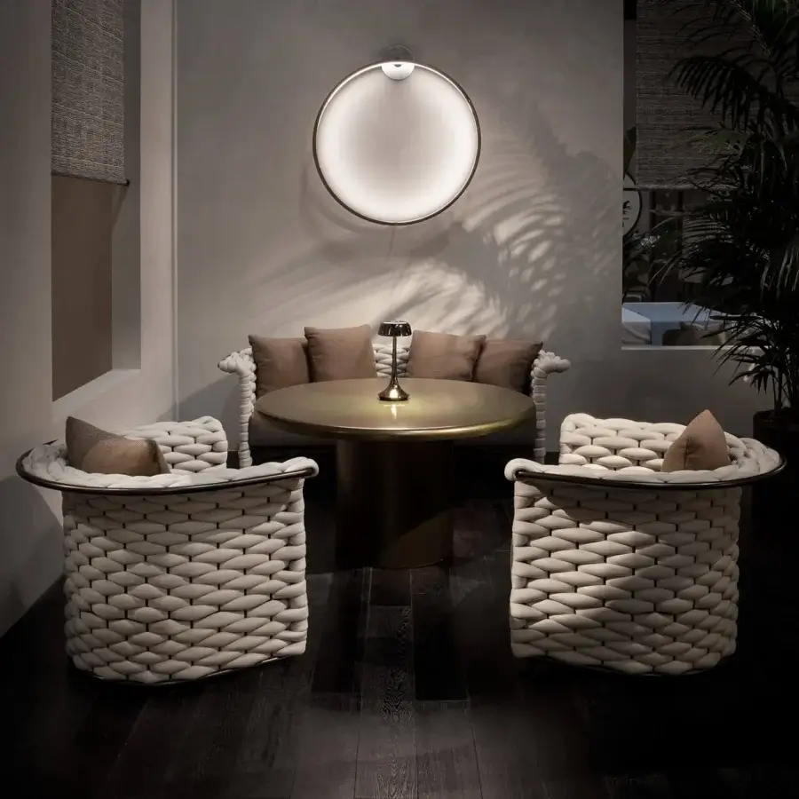 Exquisite Rugiano Marina Soft armchair with Outdoor Bronze metal and woven soft rope in light cream with a plush brown cushion