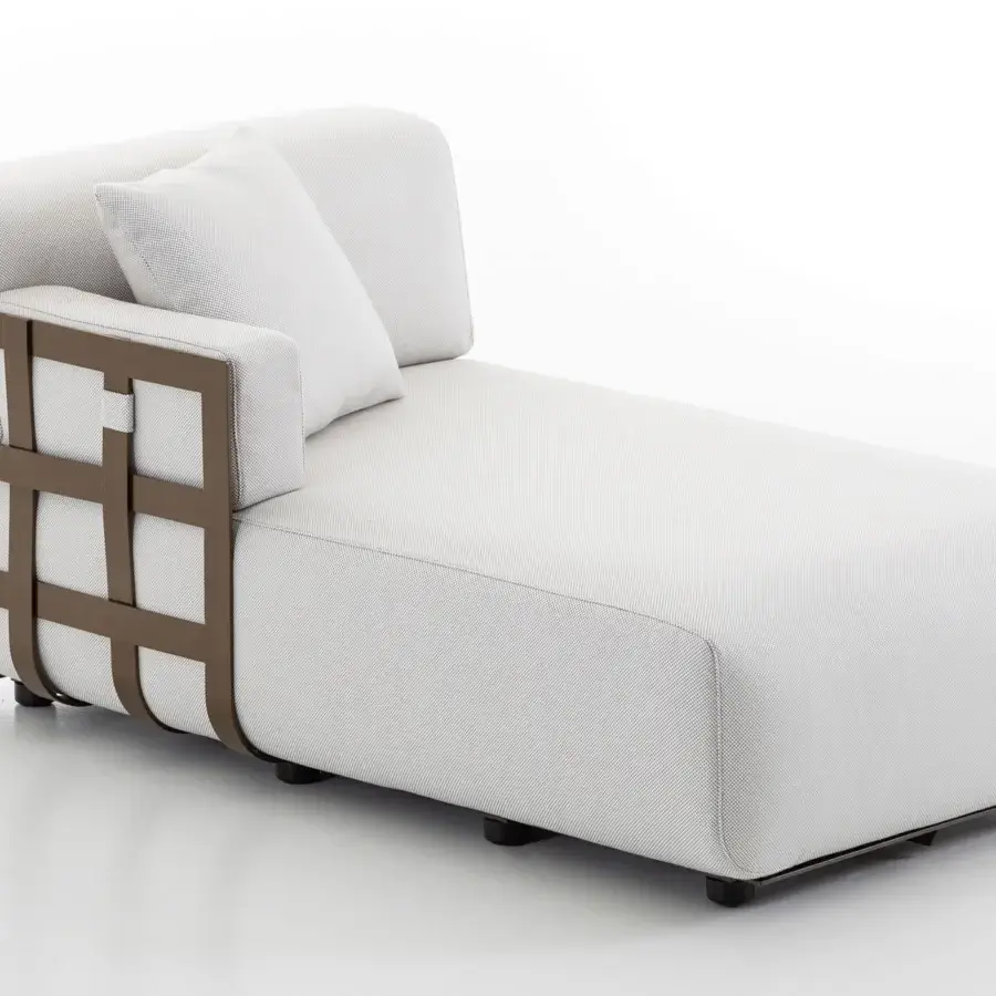 Distinguished Rugiano Dafne chaise lounge crafted with bronze painted aluminum basket and light textured fabric upholstery