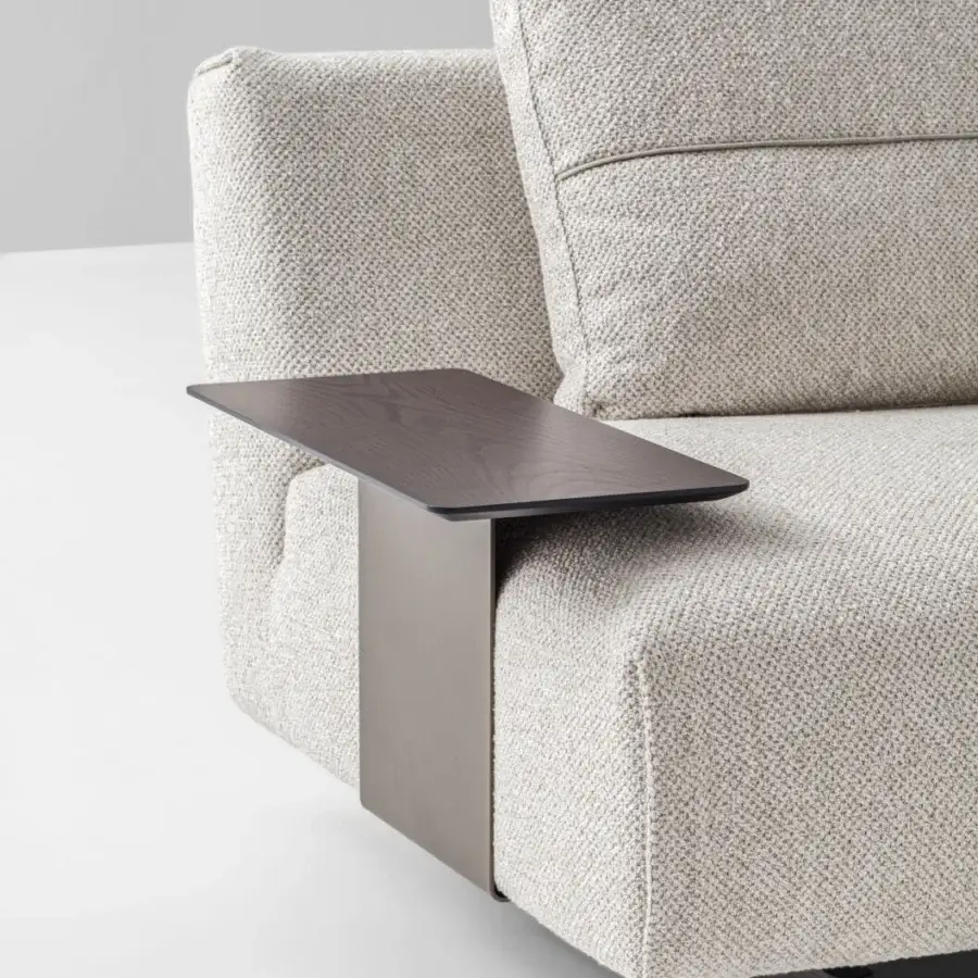 Superior Ditre Italia Atlantis sofa upholstered in light neutral woven textile with dark-toned wooden base and attached side table