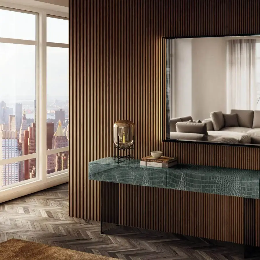 Exceptional Lago Materia console with dark green XGlass displaying a faux crocodile skin texture and sleek metal legs