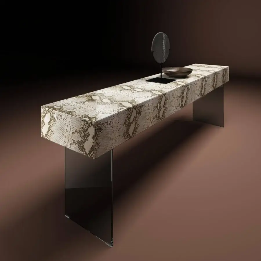 Elegant Lago Materia console with snakeskin-like XGlass and smoky glass supports creating a floating monolithic form
