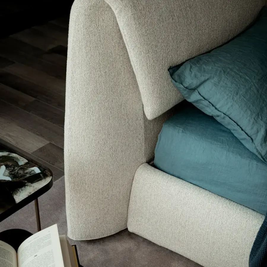 Exceptional Cattelan Italia Simon bed with light beige textured textile upholstery and gently curved headboard design
