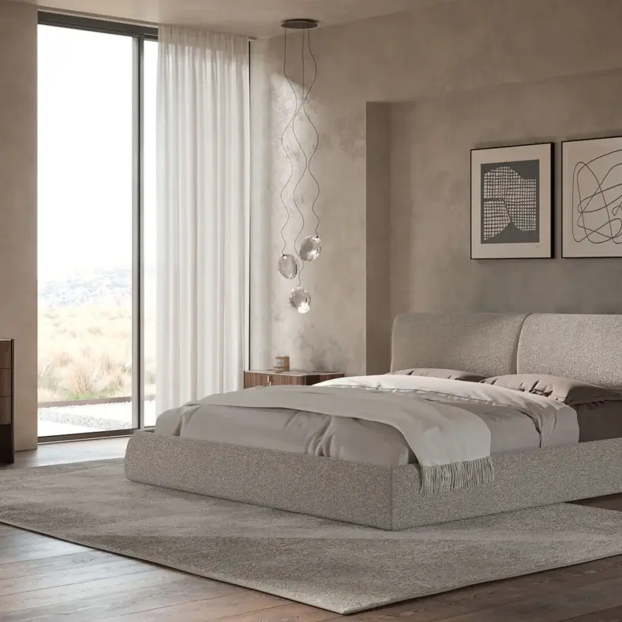 Superior Cattelan Italia Simon bed with a gently curved headboard upholstered in textured light gray textile