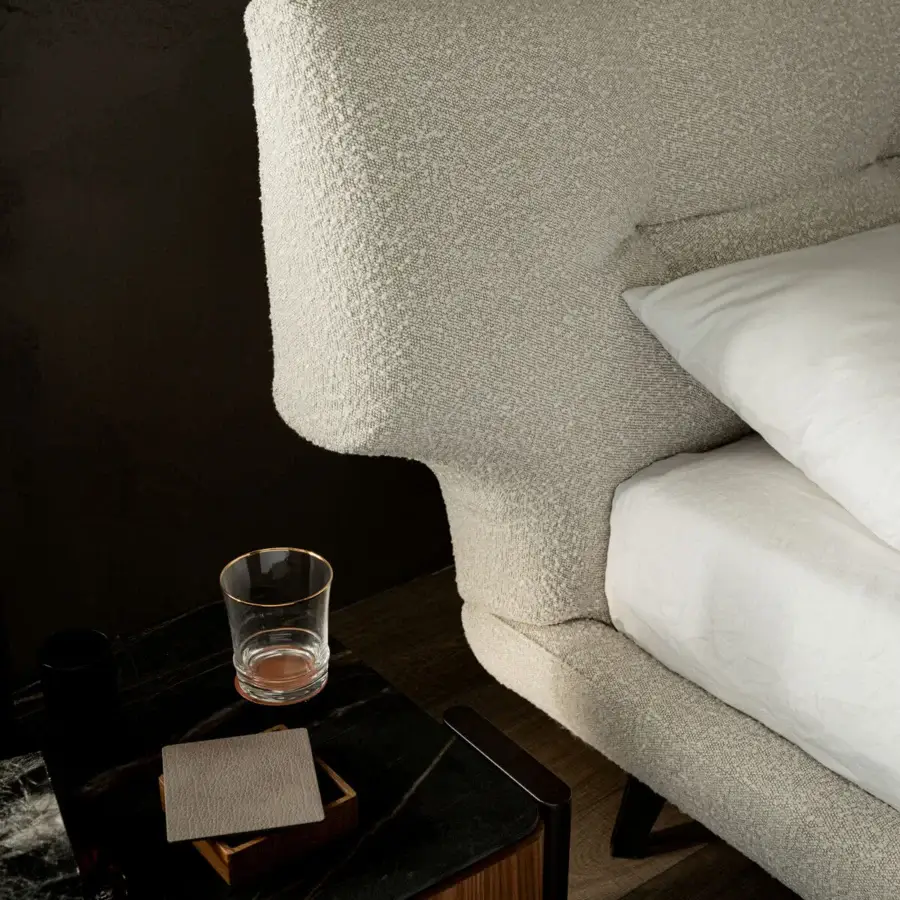 Lavish Cattelan Italia Thomas bed with light beige textured fabric upholstery and minimalist metal feet