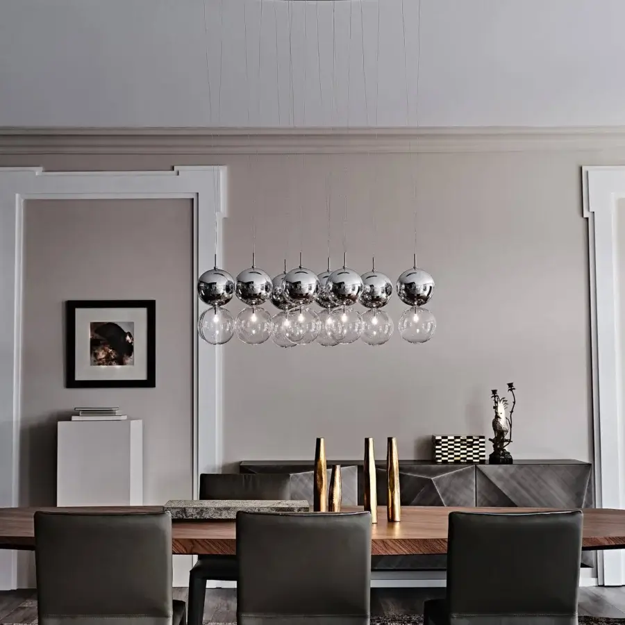 Elegant Cattelan Italia Apollo lamp with stacked borosilicate glass spheres and chromed steel ceiling plate
