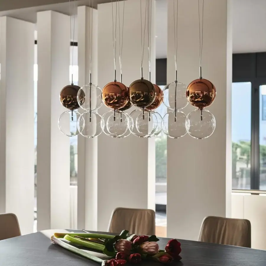 Superior Cattelan Italia Apollo lamp with alternating transparent and painted copper borosilicate glass spheres suspended by wires