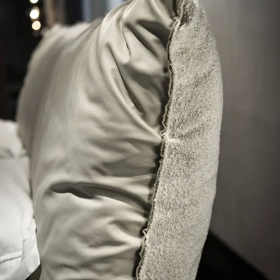 Sumptuous Cattelan Italia Pascal bed with light grey leather, woven textile and connecting straps for pillow recesses