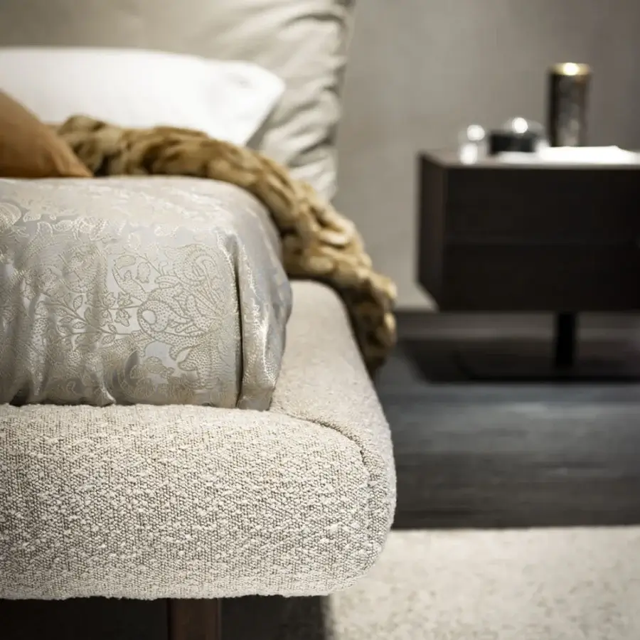 Exceptional Cattelan Italia Pascal bed with beige textured fabric, connecting leather straps and dark brown wooden feet