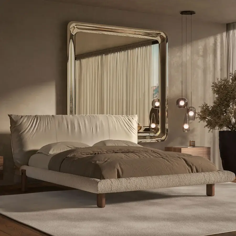 Distinguished Cattelan Italia Pascal bed with cream leather upholstery, textured fabric and dark wooden feet