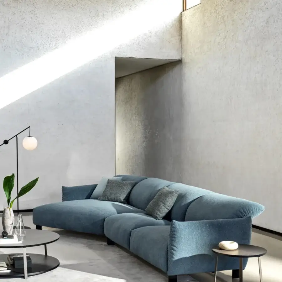 Lavish Ditre Italia Blum sofa with adjustable backrests and armrests in textured blue textile upholstery
