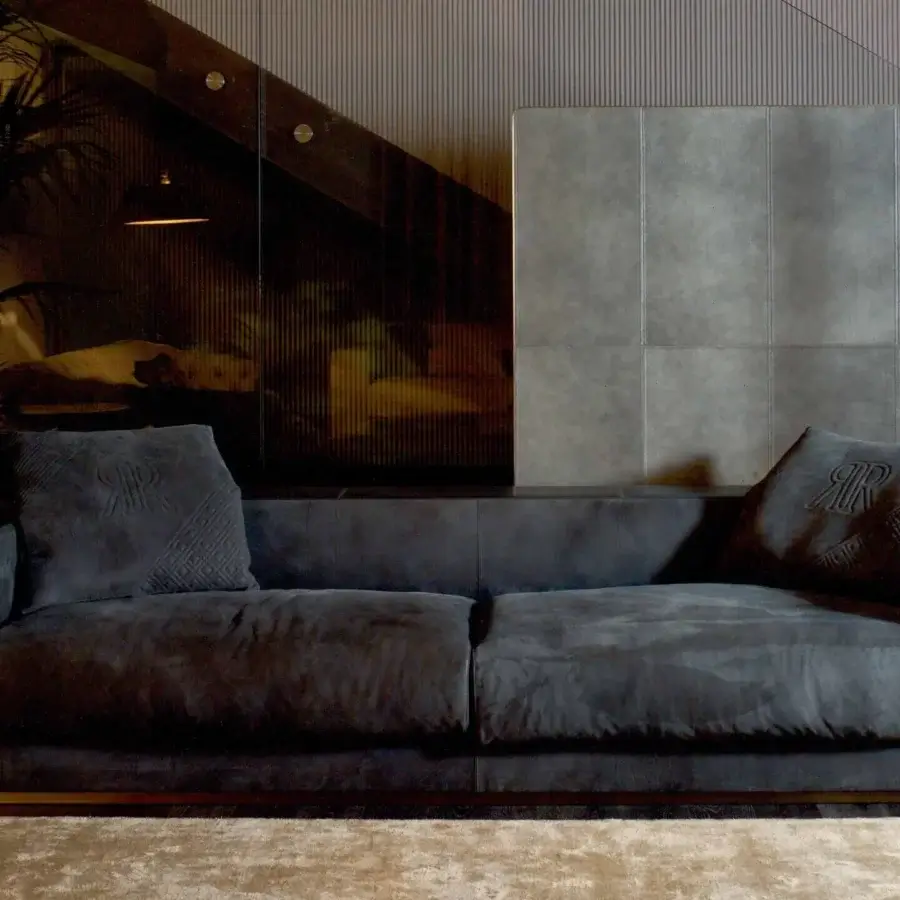 Elegant Rugiano Vogue sofa upholstered in dark gray textile with a matte finish includes patterned cushions with embroidered details