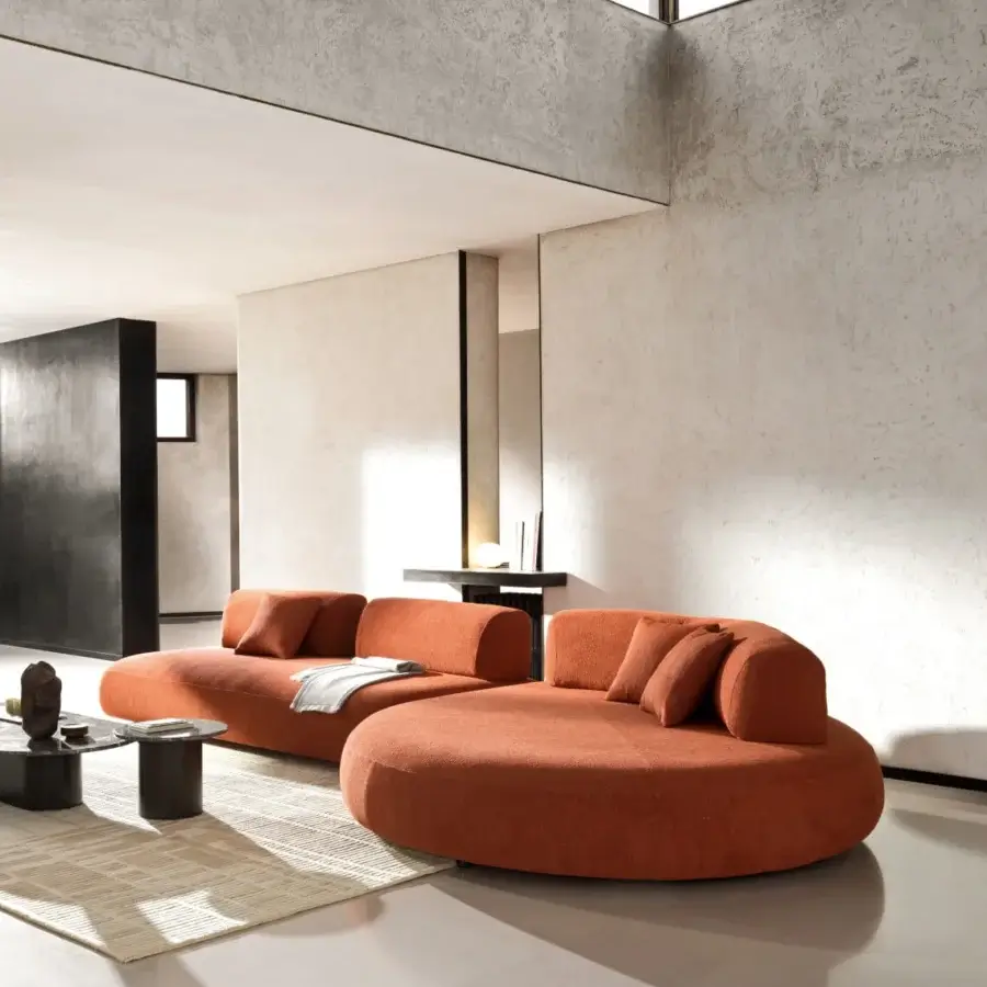 Exceptional Ditre Italia Isla Slim sectional with rounded forms upholstered in solid orange-brown textile and variable tilt backrest
