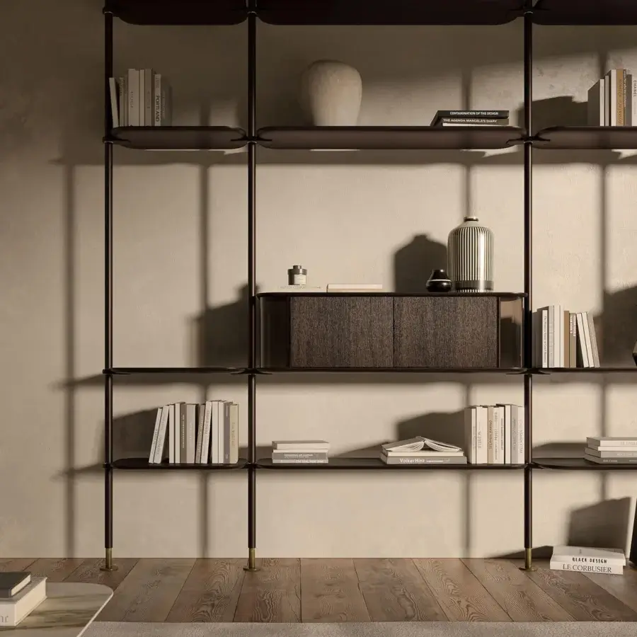 Elegant Cattelan Italia Harbour bookcase with wooden shelves, metal uprights and brass accents exhibiting a dark brown finish