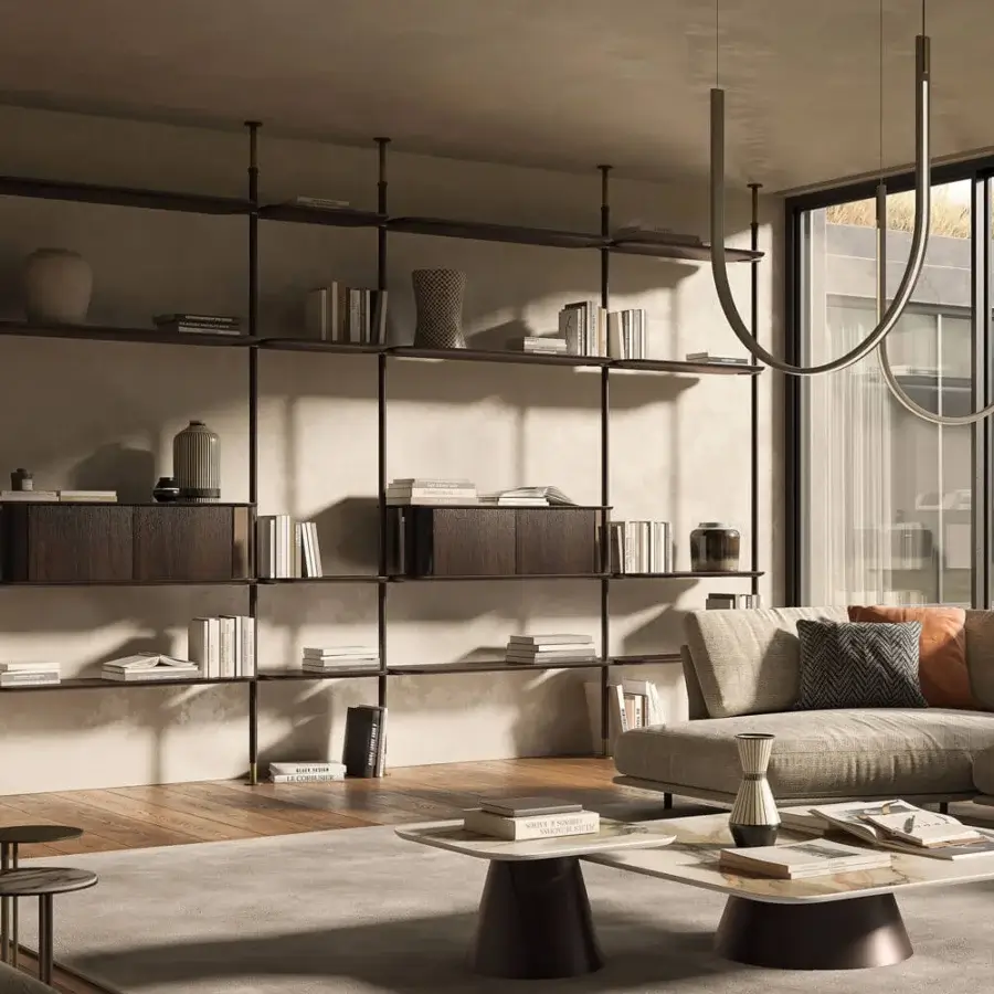 Exceptional Cattelan Italia Harbour bookcase with wooden shelving, dark bronze metal and curved glass accents in a matte finish