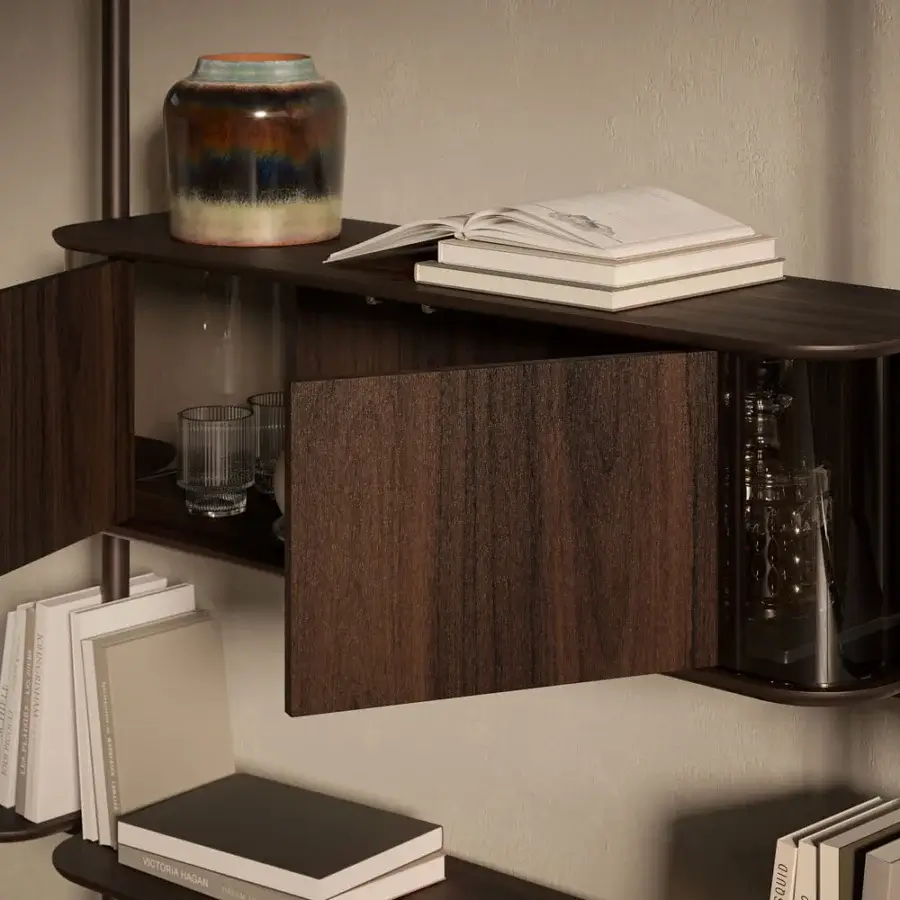 Distinguished Cattelan Italia Harbour bookcase crafted with dark wooden shelves, refined metal supports and curved bronze glass accents