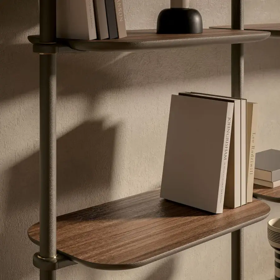 Superior Cattelan Italia Harbour bookcase with wooden shelving, matte grey metal and brass-colored joint rings