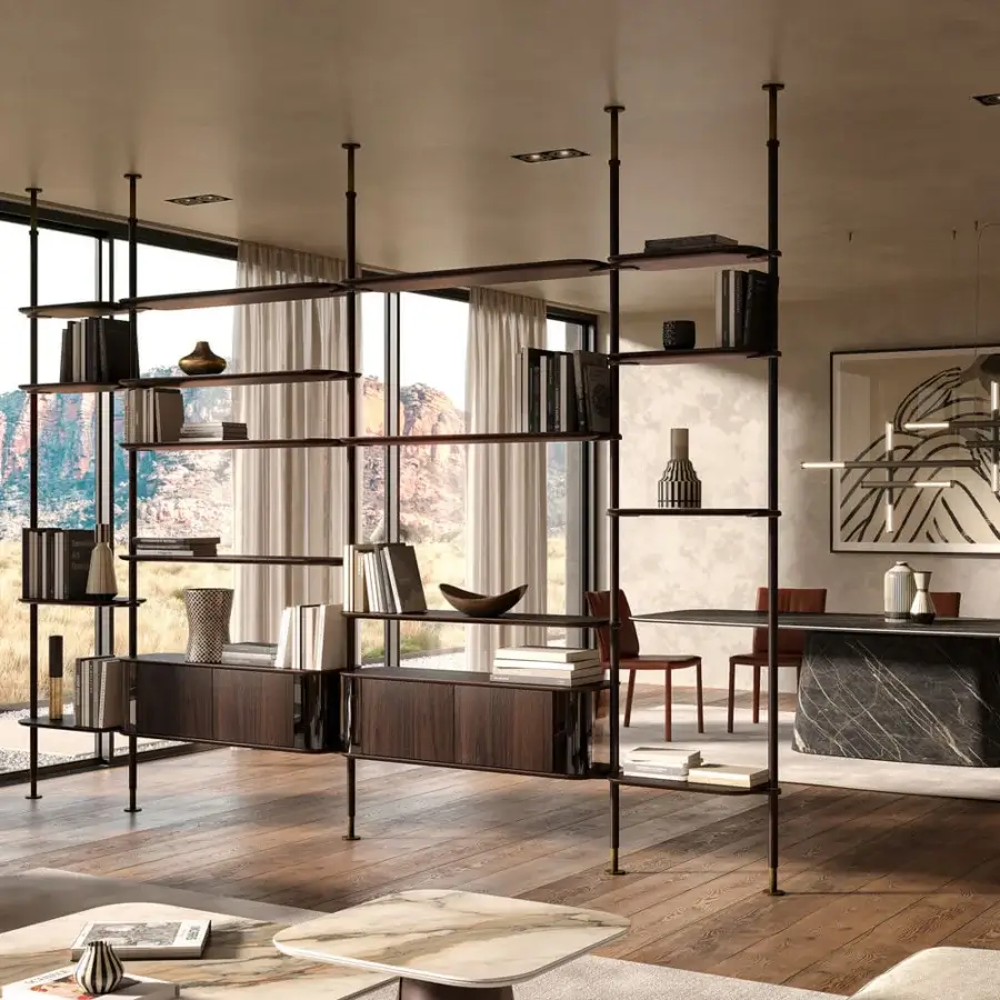 Exceptional Cattelan Italia Harbour bookcase with curved wooden shelving, matte metal supports and curved bronze glass accents