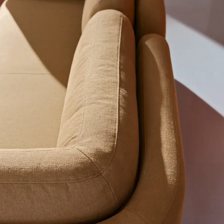 Captivating Ditre Italia Vento sofa with generous organic shapes and rounded armrests in textured matte tan textile upholstery