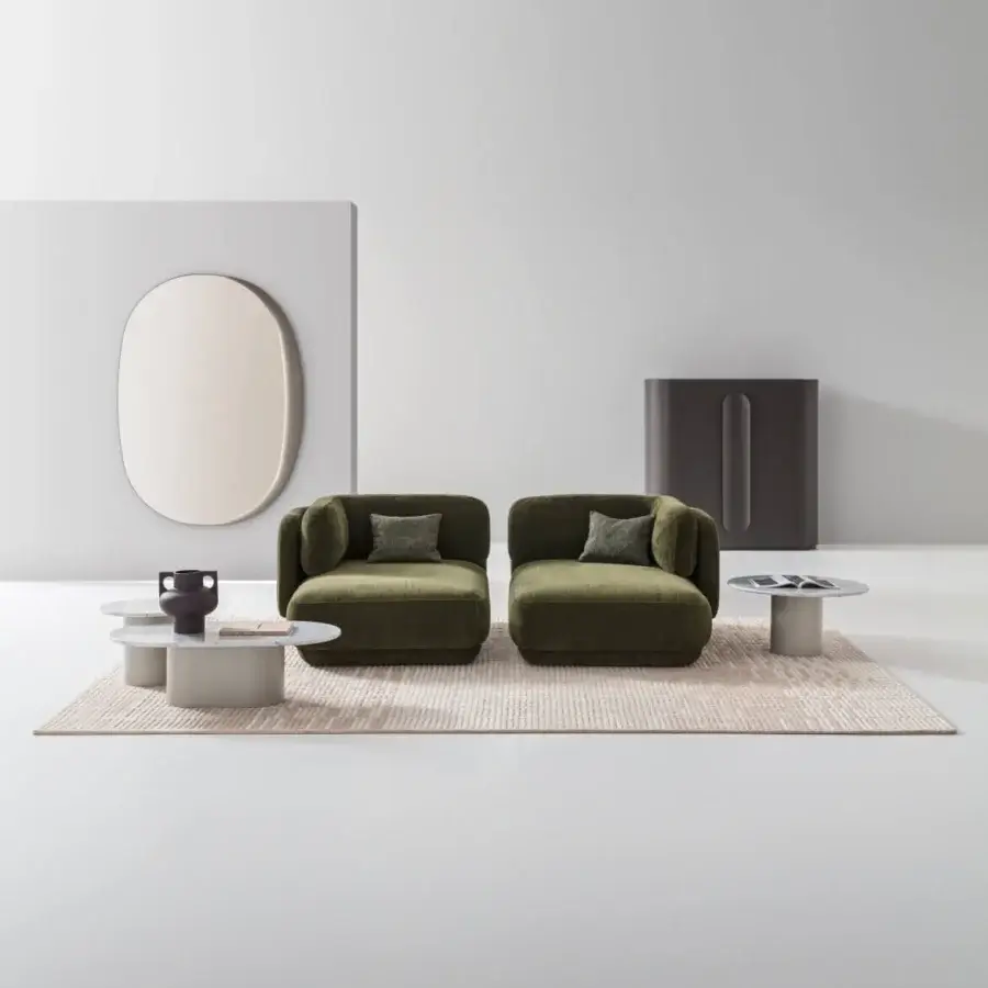 Distinguished Ditre Italia Vento chaise lounge with soft organic shapes upholstered in deep olive green textile and matte finish