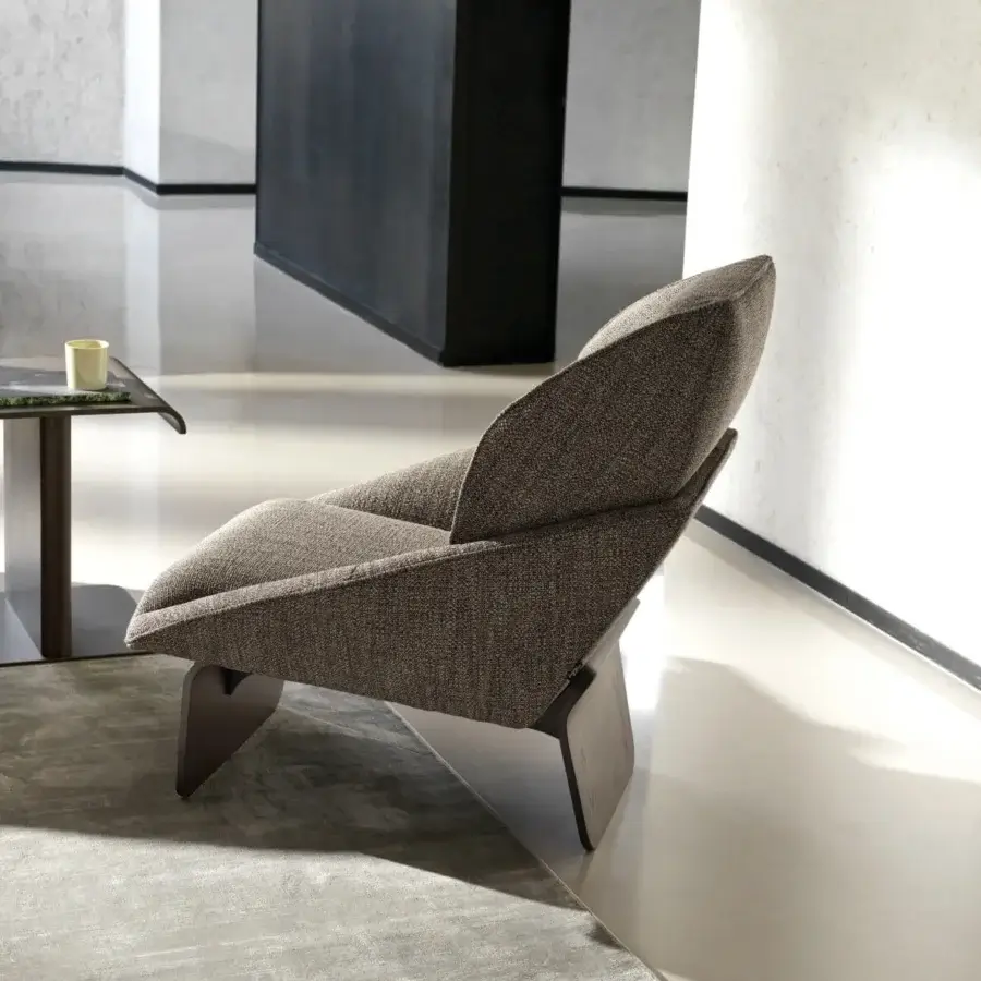Elegant Ditre Italia Loto lounge chair with rounded edges upholstered in mottled brown-gray textile and dark brown matte wooden base