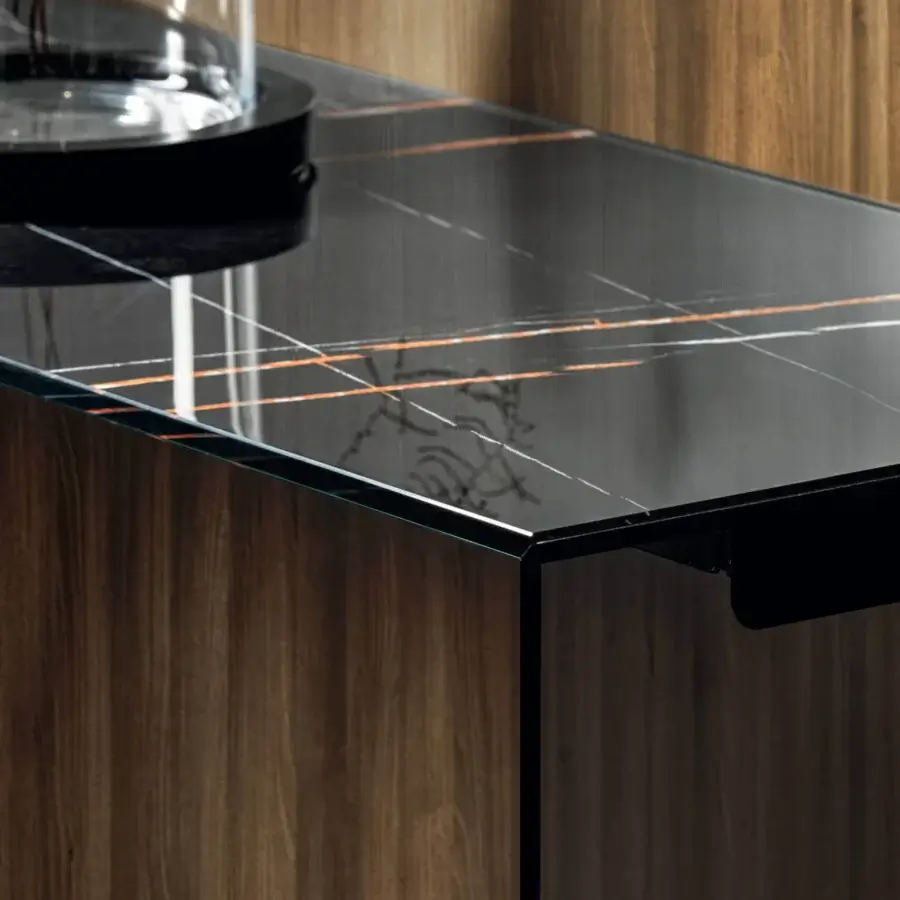 Exceptional Lago Fine Console with dark marble-like top and dark brown wood base built with heat-treated glass